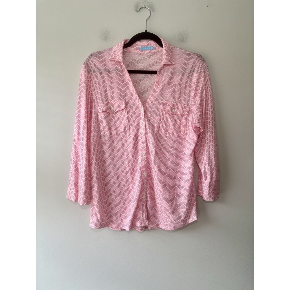 J. McLaughlin Linen Blend Coral Pink Chevron Print Button Down Top Size Large